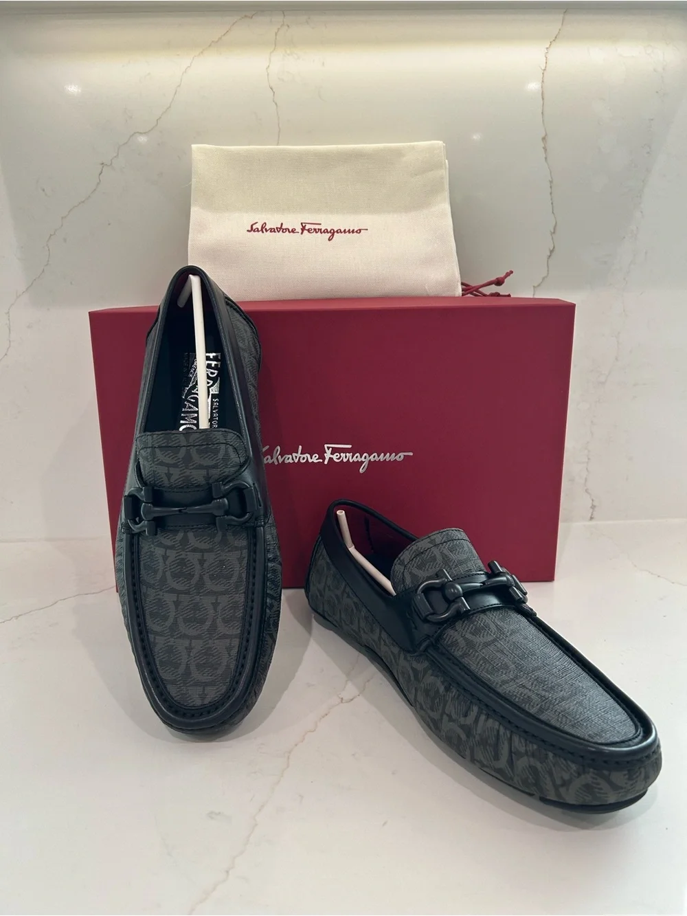 Salvatore Ferragamo Men’s Gray Signature Logo Bit Loafers